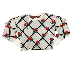 Maeve White Sweater with Red Floral Pattern
